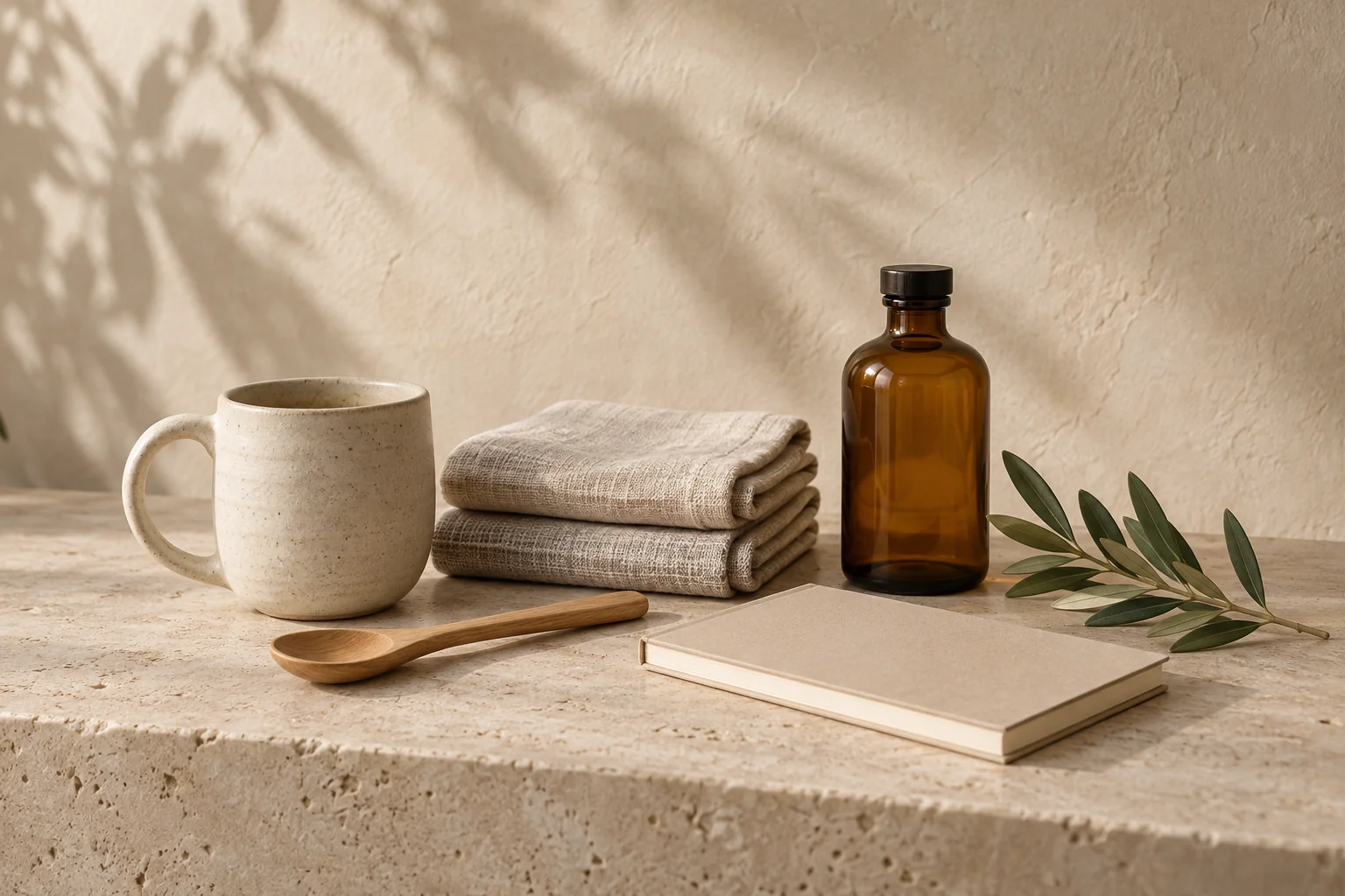 A curated still life of a ceramic mug, folded linen, an amber bottle, a wooden spoon and a notebook