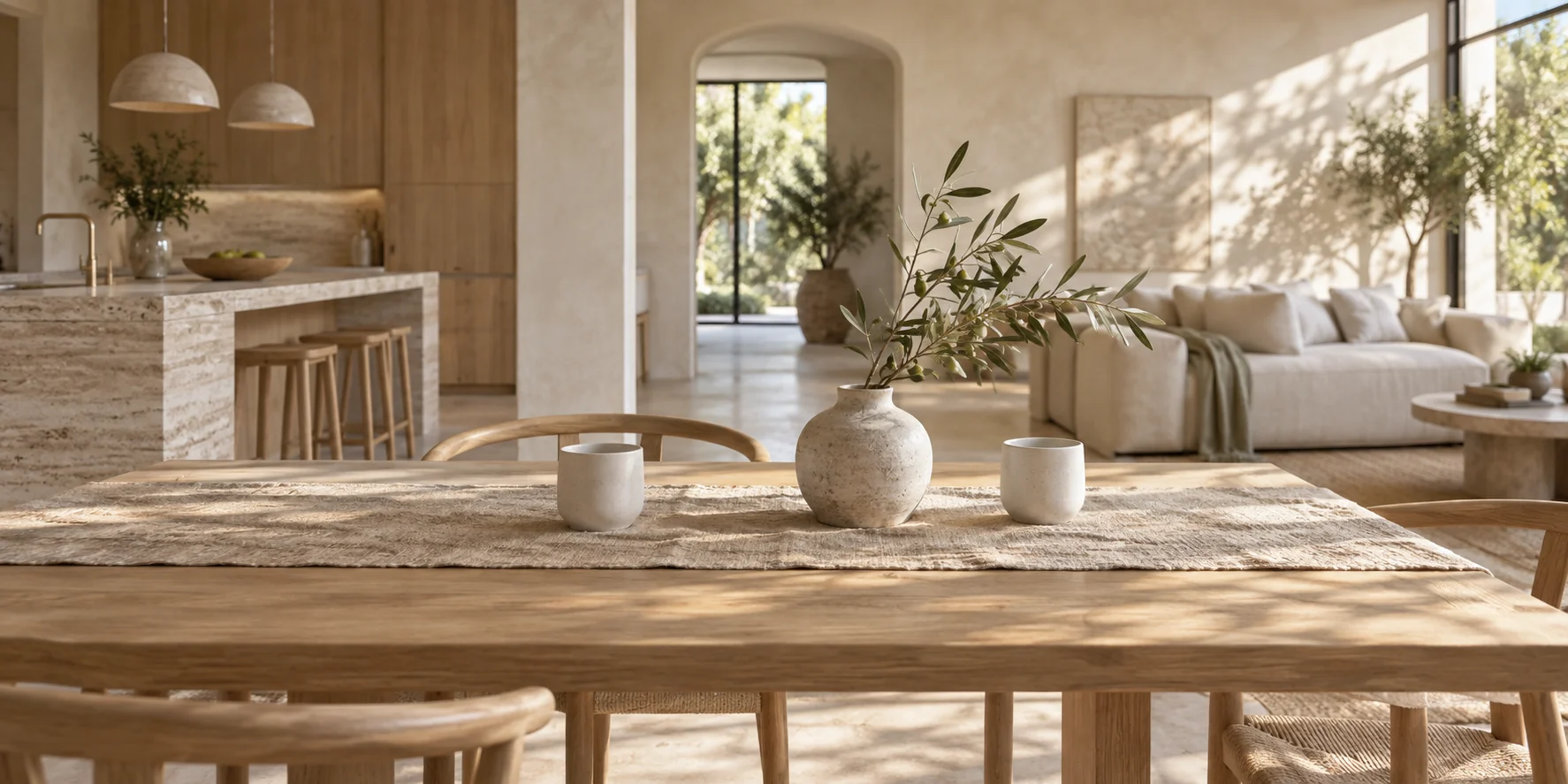 A calm open-plan home with an oak dining table, a stoneware vase and a linen sofa