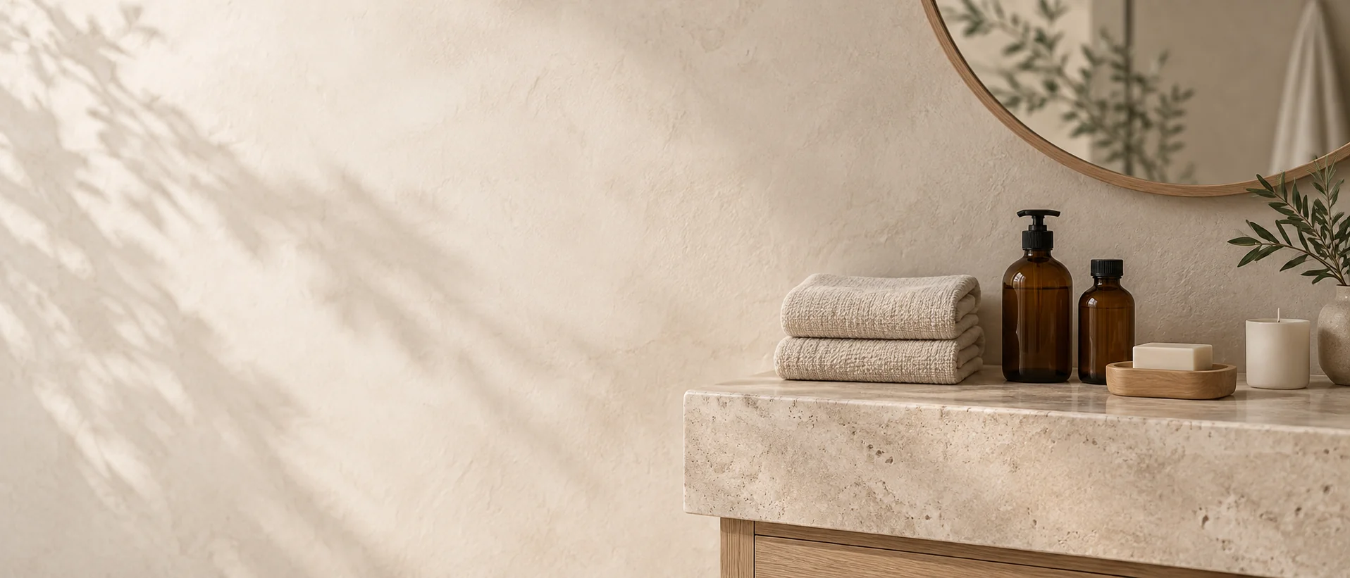 A spa-like travertine bathroom ledge with folded towels