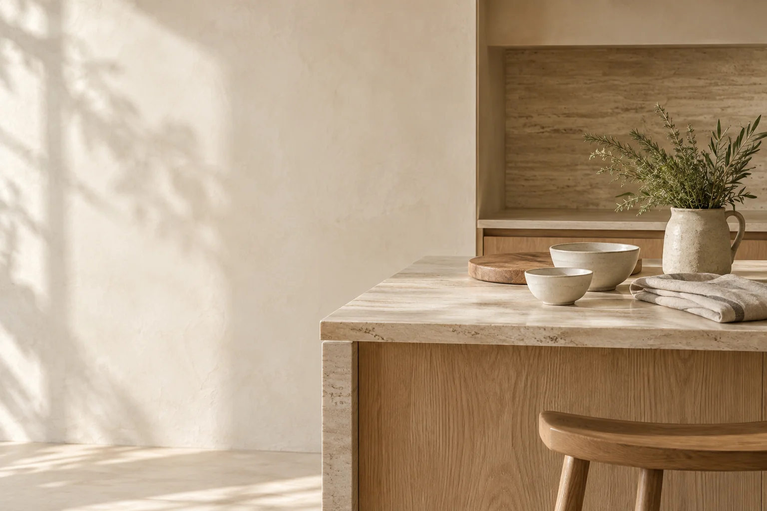 A bright minimal kitchen counter with ceramic bowls and a wooden board