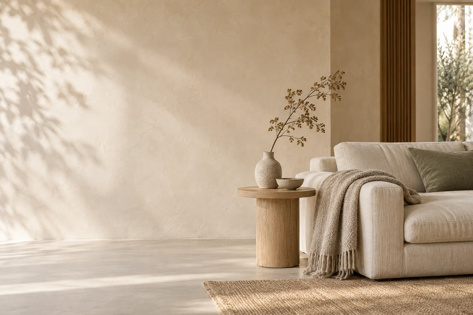 A serene living room with a linen sofa and an oak side table