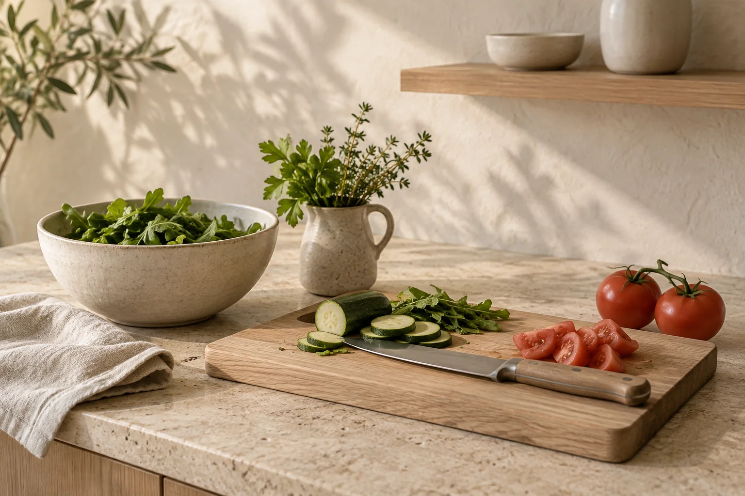 Fresh vegetables being prepped on an oak board on a travertine kitchen counter