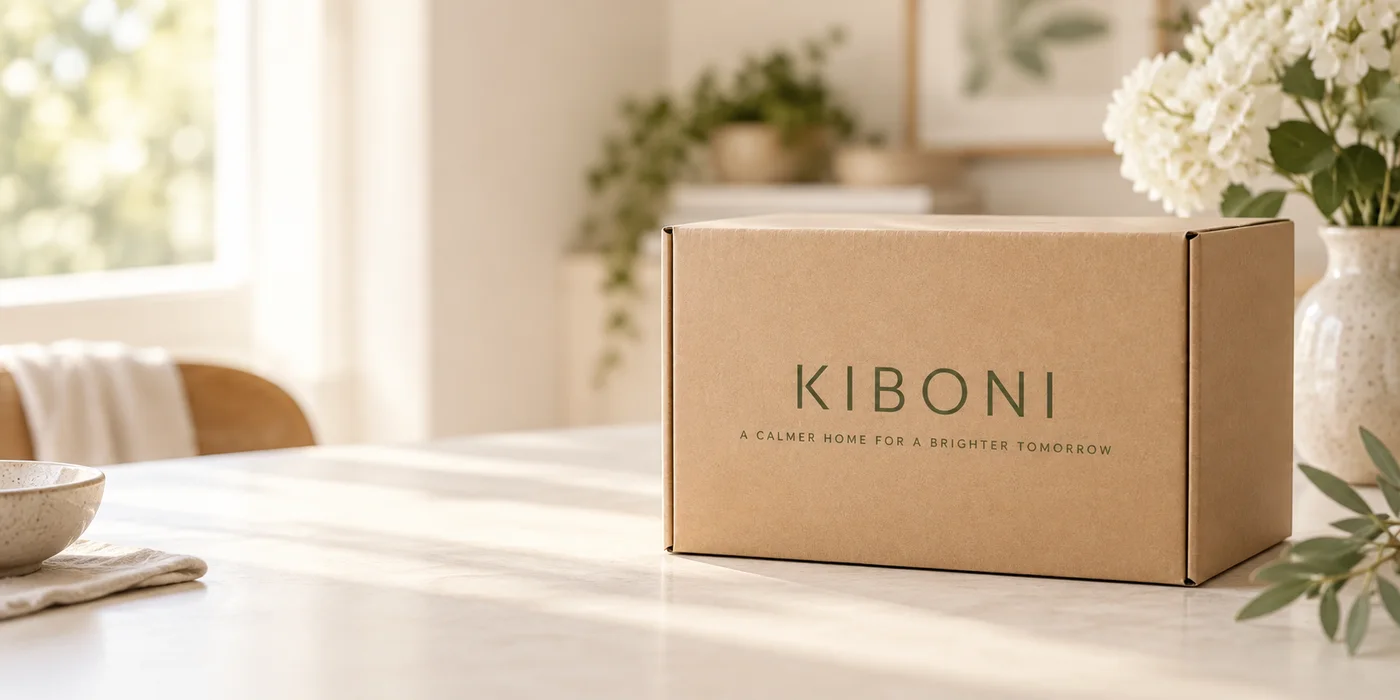 Kiboni shipping box in a calm home setting